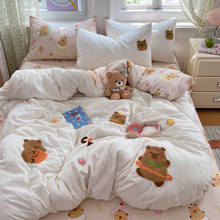 91家纺网 家纺一手货源 找家纺 优尚佳生活馆 2025新款水洗棉印花毛巾绣四件套【提供买家秀】 卡皮巴拉