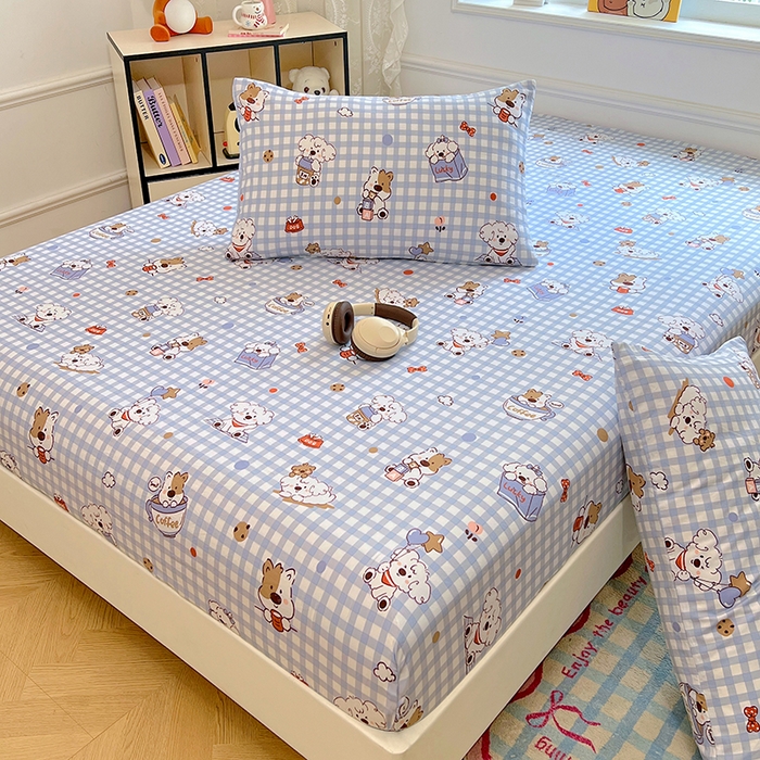 91家纺网 家纺一手货源 找家纺 优尚佳生活馆 2025新款亲肤水洗棉印花床笠单品床笠单件单床笠 床笠款-狗狗聚会