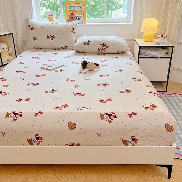 91家纺网 家纺一手货源 找家纺 优尚佳生活馆 2025新款亲肤水洗棉印花床笠单品床笠单件单床笠 床笠款-可爱腊肠狗