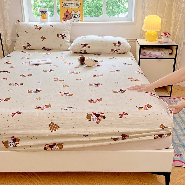 91家纺网 家纺一手货源 找家纺 优尚佳生活馆 2025新款亲肤水洗棉印花床笠单品床笠单件单床笠 床笠款-可爱腊肠狗