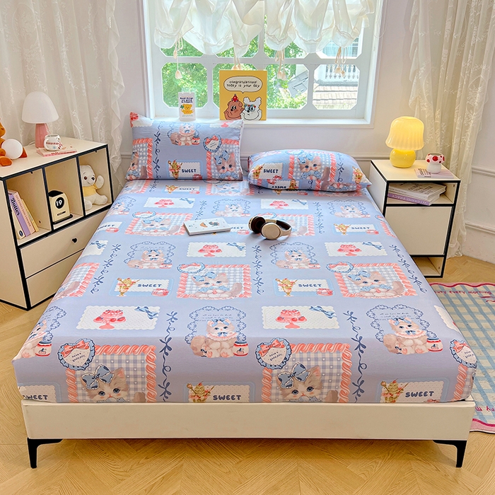 91家纺网 家纺一手货源 找家纺 优尚佳生活馆 2025新款亲肤水洗棉印花床笠单品床笠单件单床笠 床笠款-甜趣猫咪