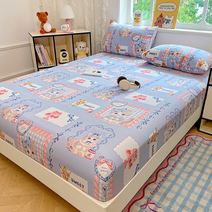 91家纺网 家纺一手货源 找家纺 优尚佳生活馆 2025新款亲肤水洗棉印花床笠单品床笠单件单床笠 床笠款-甜趣猫咪