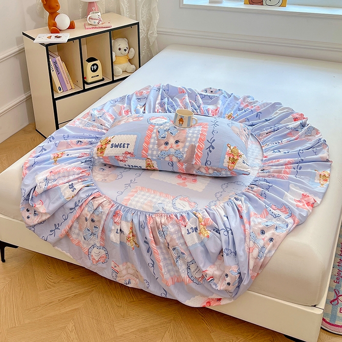 91家纺网 家纺一手货源 找家纺 优尚佳生活馆 2025新款亲肤水洗棉印花床笠单品床笠单件单床笠 床笠款-甜趣猫咪