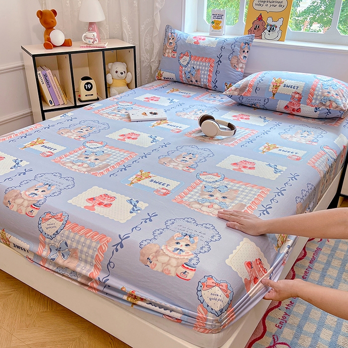 91家纺网 家纺一手货源 找家纺 优尚佳生活馆 2025新款亲肤水洗棉印花床笠单品床笠单件单床笠 床笠款-甜趣猫咪