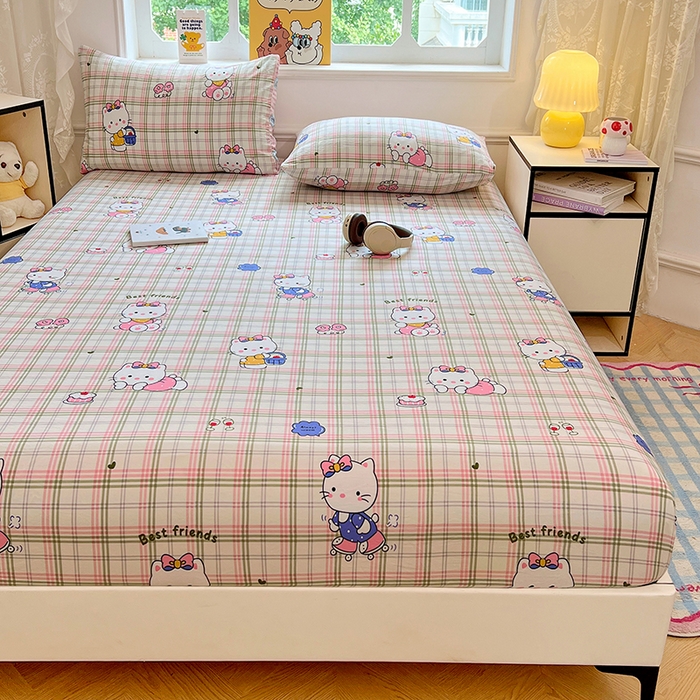 91家纺网 家纺一手货源 找家纺 优佳优品 2025新款亲肤水洗棉印花床笠单品床笠单件单床笠 床笠款-凯蒂猫