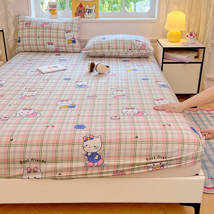 91家纺网 家纺一手货源 找家纺 优佳优品 2025新款亲肤水洗棉印花床笠单品床笠单件单床笠 床笠款-凯蒂猫