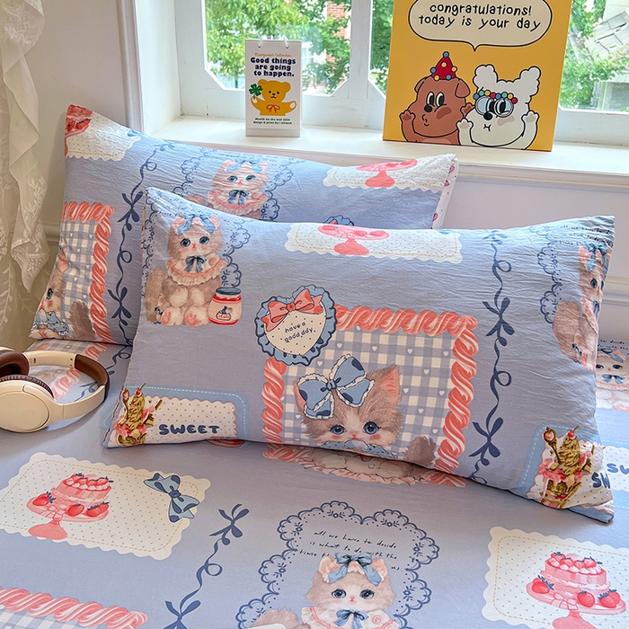 91家纺网 家纺一手货源 找家纺 优佳优品 2025新款亲肤水洗棉印花床笠单品床笠单件单床笠 床笠款-甜趣猫咪