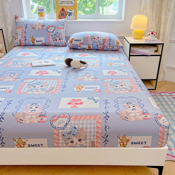 91家纺网 家纺一手货源 找家纺 优佳优品 2025新款亲肤水洗棉印花床笠单品床笠单件单床笠 床笠款-甜趣猫咪