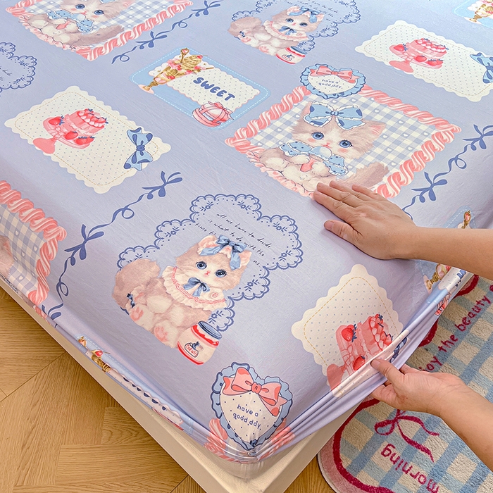 91家纺网 家纺一手货源 找家纺 优佳优品 2025新款亲肤水洗棉印花床笠单品床笠单件单床笠 床笠款-甜趣猫咪