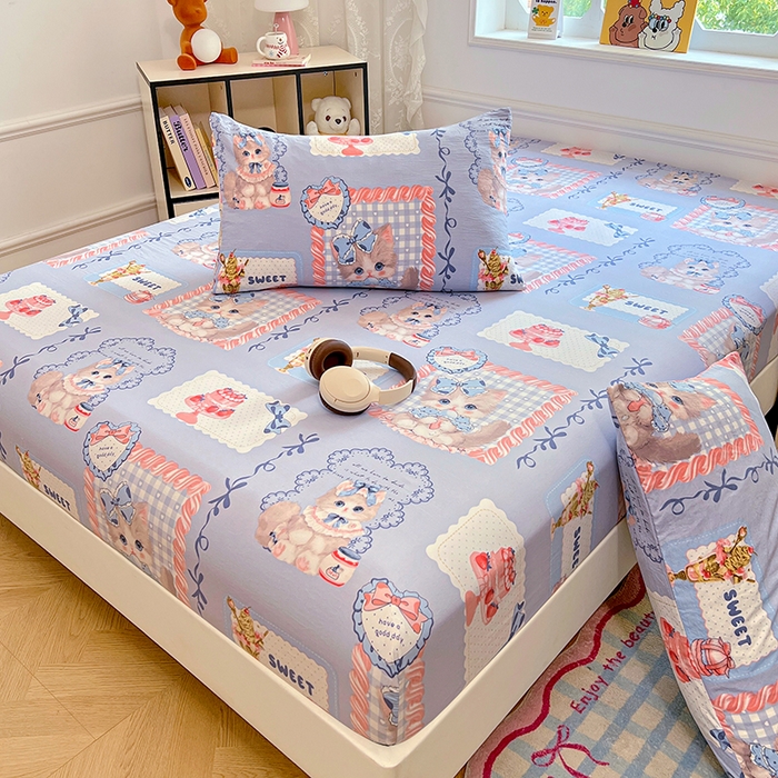 91家纺网 家纺一手货源 找家纺 优佳优品 2025新款亲肤水洗棉印花床笠单品床笠单件单床笠 床笠款-甜趣猫咪