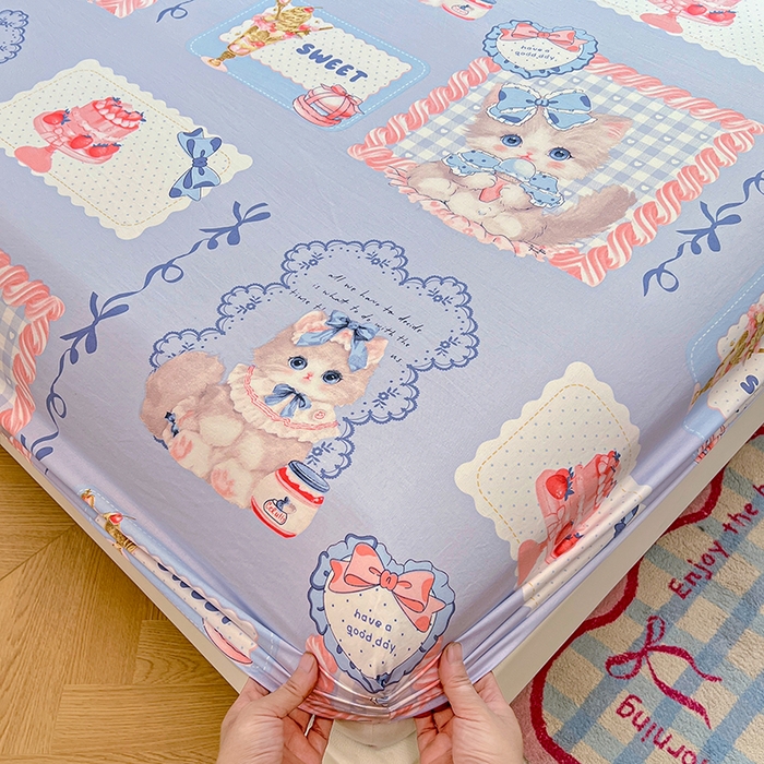 91家纺网 家纺一手货源 找家纺 优佳优品 2025新款亲肤水洗棉印花床笠单品床笠单件单床笠 床笠款-甜趣猫咪