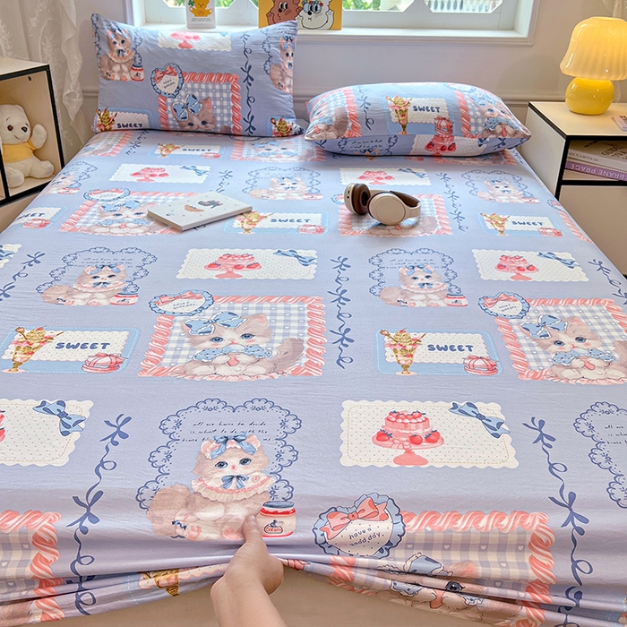 91家纺网 家纺一手货源 找家纺 优佳优品 2025新款亲肤水洗棉印花床笠单品床笠单件单床笠 床笠款-甜趣猫咪