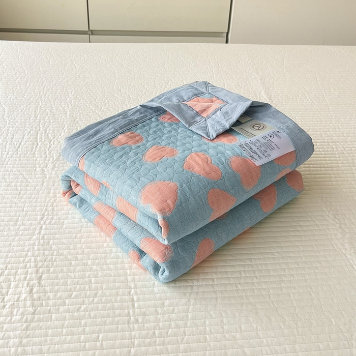 91家纺网 家纺一手货源 找家纺 梦洋家纺 2025新款全棉四层纱多能盖毯毛巾被空调夏被床盖款盖毯 心心相印