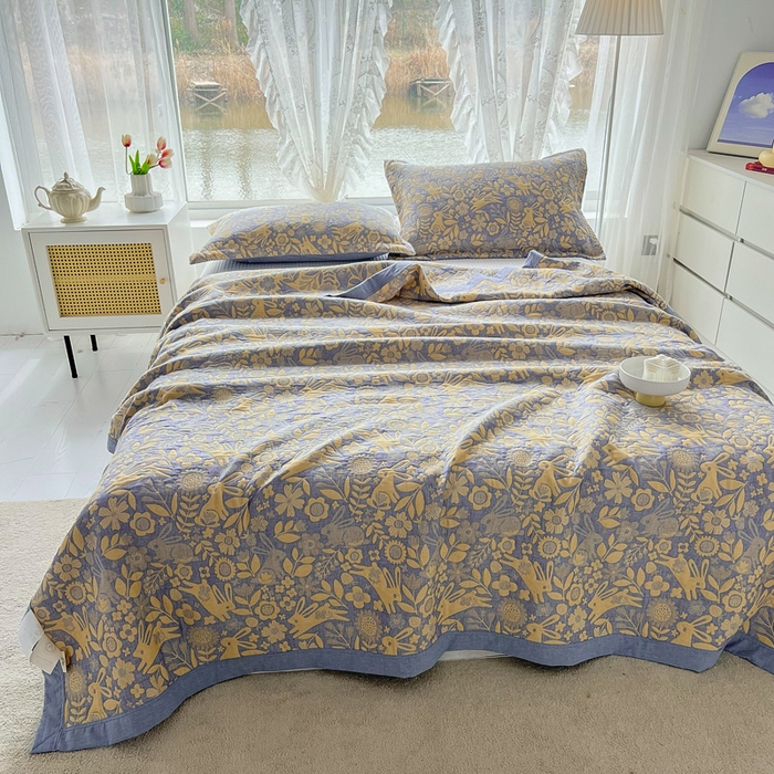 91家纺网 家纺一手货源 找家纺 梦洋家纺 2025新款全棉四层纱多能盖毯毛巾被空调夏被床盖款盖毯 幸运兔