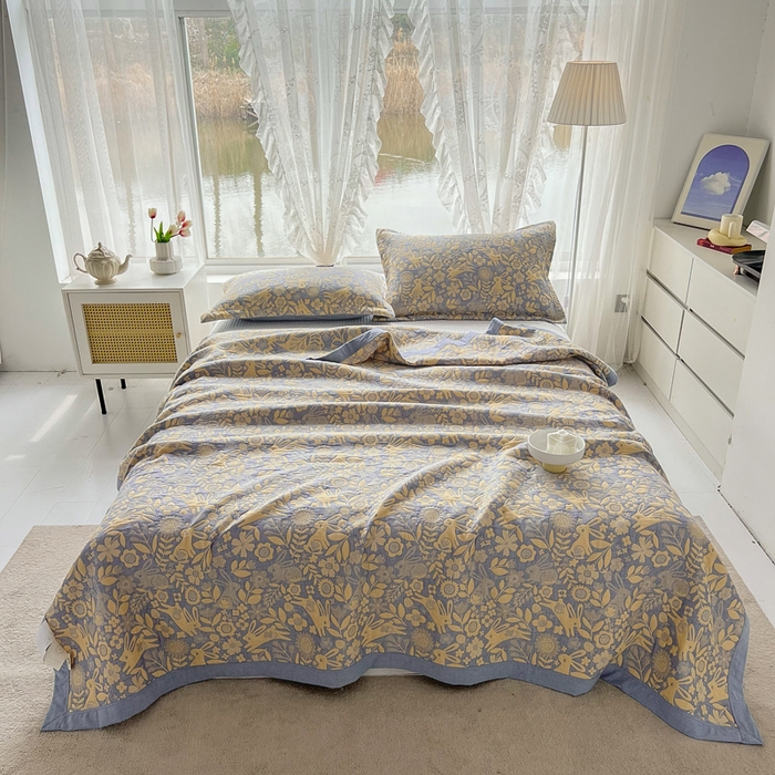 91家纺网 家纺一手货源 找家纺 梦洋家纺 2025新款全棉四层纱多能盖毯毛巾被空调夏被床盖款盖毯 幸运兔