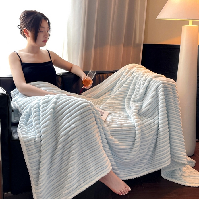 91家纺网 家纺一手货源 找家纺 蓝极人 2025新款亲肤舒适成品抽条阳离子毛毯毯子 阳离子-蓝