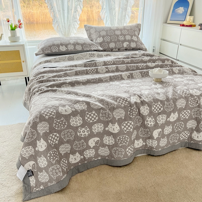 91家纺网 家纺一手货源 找家纺 梦洋家纺 2025新款全棉四层纱多能盖毯毛巾被空调夏被床盖款盖毯 招财猫