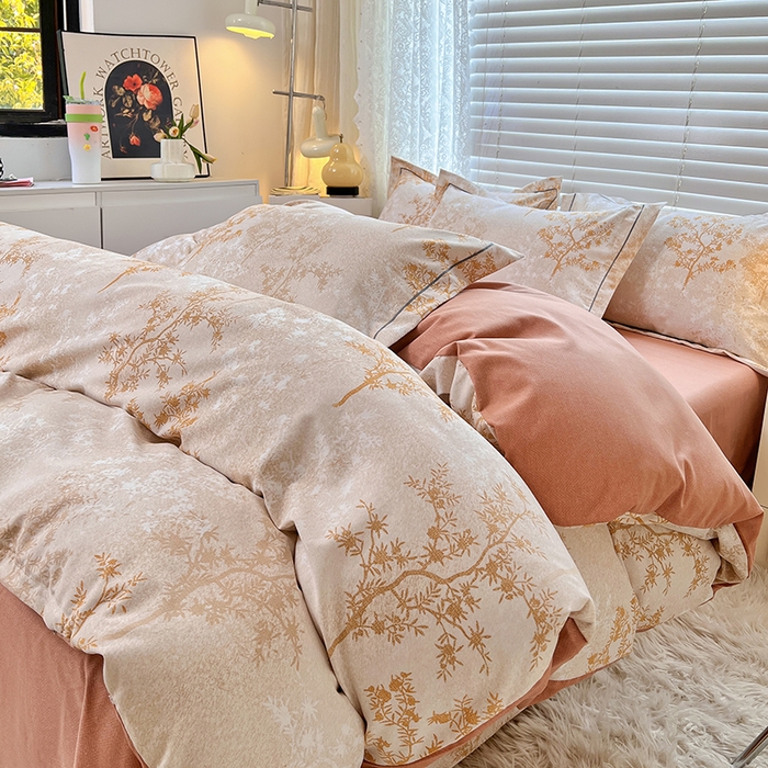 91家纺网 家纺一手货源 找家纺 简约家纺 2025新款全棉磨毛四件套 沁语繁花-咖