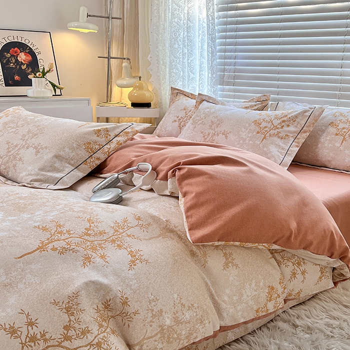 91家纺网 家纺一手货源 找家纺 简约家纺 2025新款全棉磨毛四件套 沁语繁花-咖