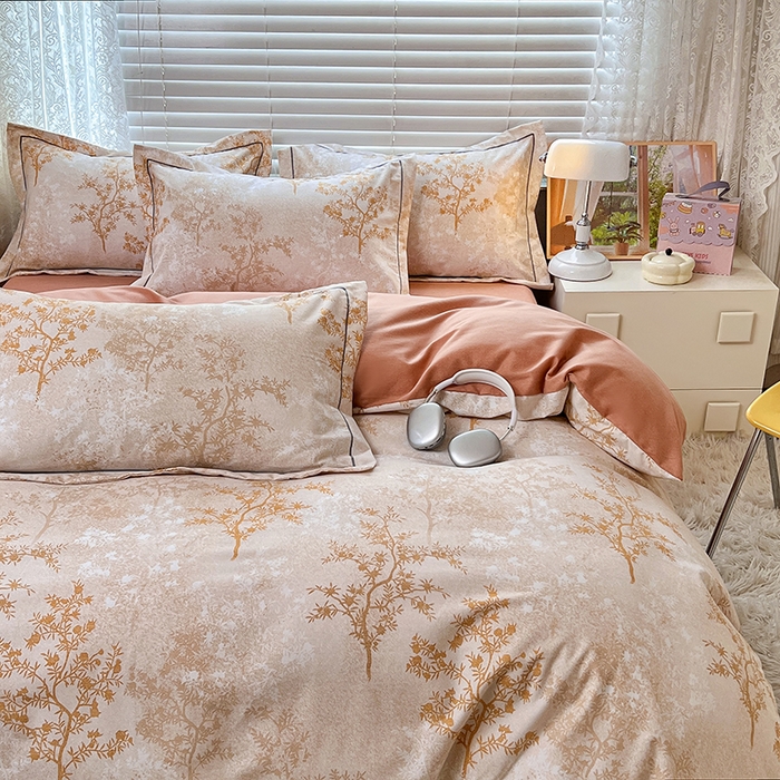 91家纺网 家纺一手货源 找家纺 简约家纺 2025新款全棉磨毛四件套 沁语繁花-咖