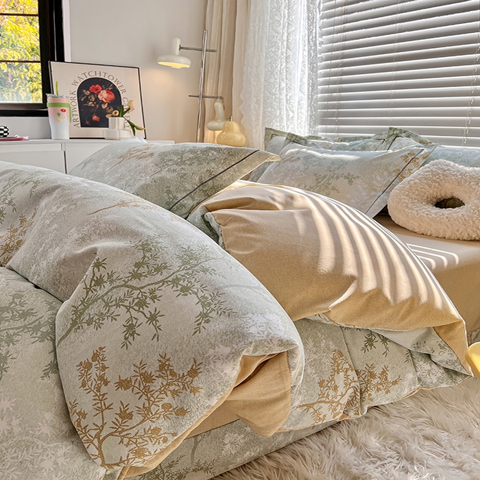 91家纺网 家纺一手货源 找家纺 简约家纺 2025新款全棉磨毛四件套 沁语繁花-绿