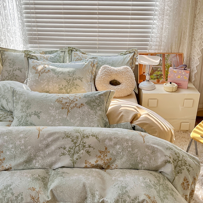 91家纺网 家纺一手货源 找家纺 简约家纺 2025新款全棉磨毛四件套 沁语繁花-绿