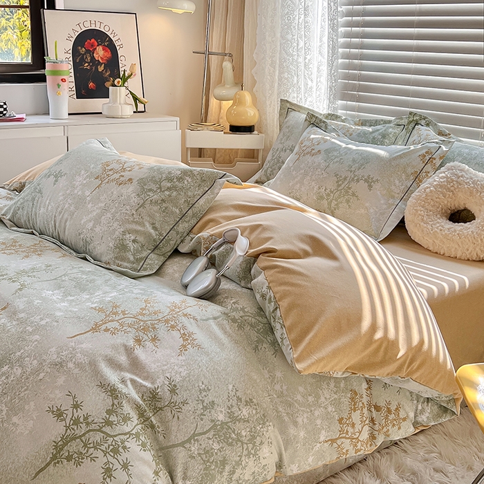 91家纺网 家纺一手货源 找家纺 简约家纺 2025新款全棉磨毛四件套 沁语繁花-绿