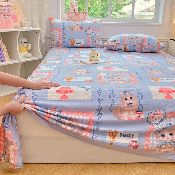 91家纺网 家纺一手货源 找家纺 优佳优品 2025新款亲肤水洗棉印花床单单品床单单件单床单 床单款-甜趣猫咪