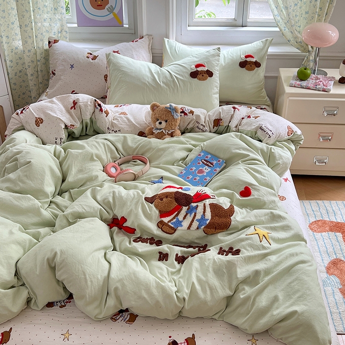 91家纺网 家纺一手货源 找家纺 优佳优品 2025新款水洗棉印花毛巾绣四件套【提供买家秀】 腊肠狗