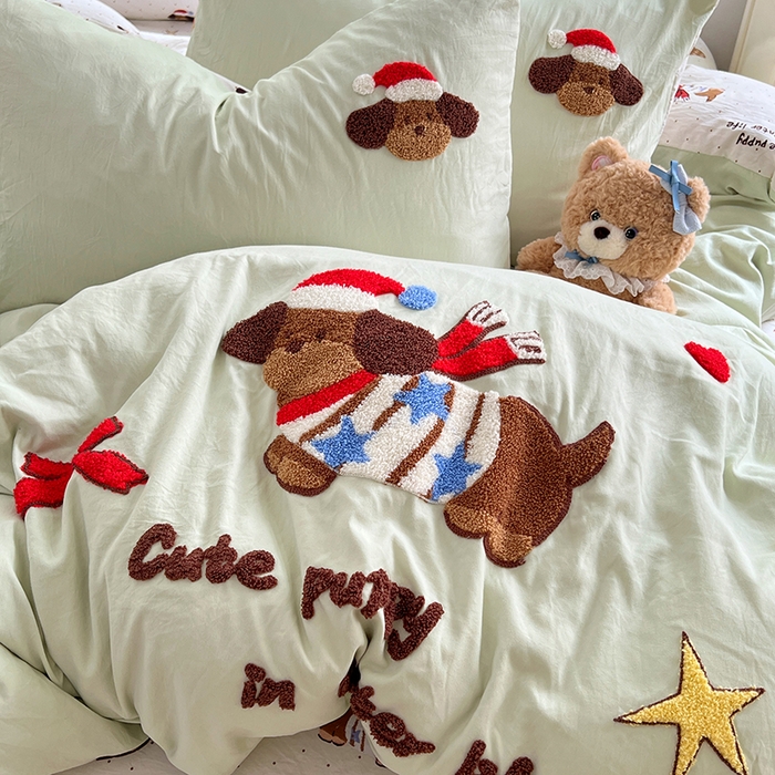 91家纺网 家纺一手货源 找家纺 优佳优品 2025新款水洗棉印花毛巾绣四件套【提供买家秀】 腊肠狗