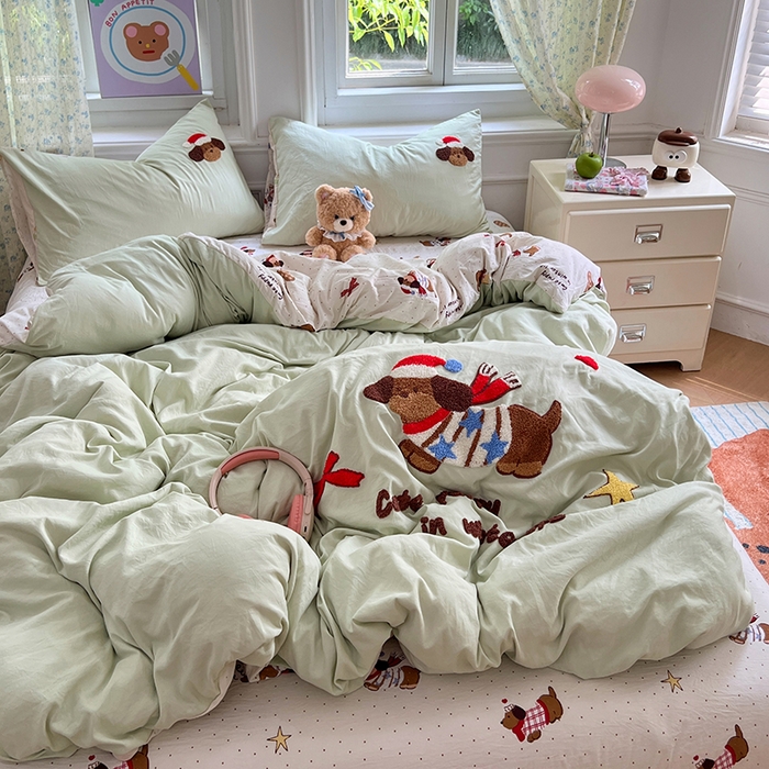 91家纺网 家纺一手货源 找家纺 优佳优品 2025新款水洗棉印花毛巾绣四件套【提供买家秀】 腊肠狗