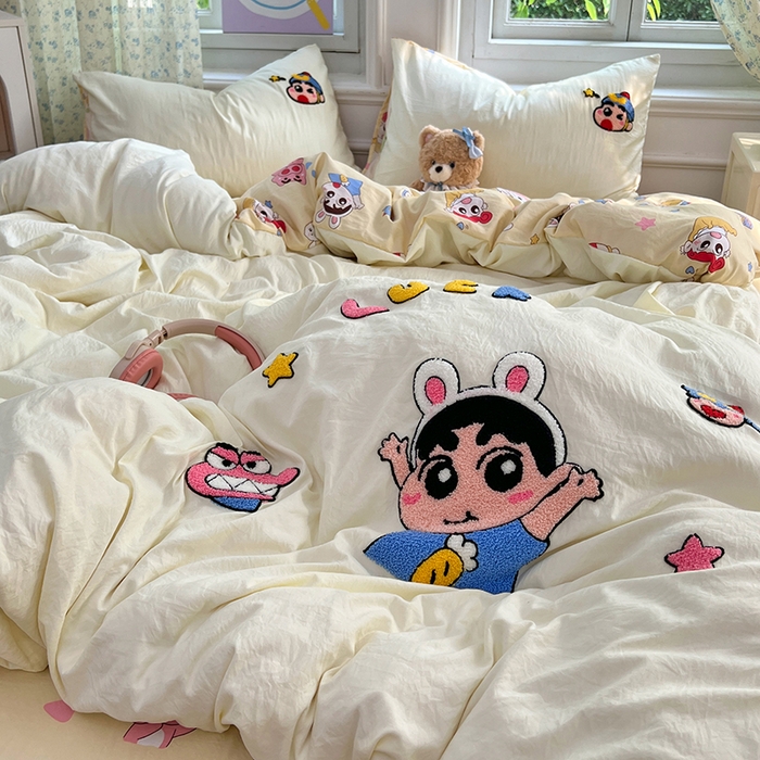 91家纺网 家纺一手货源 找家纺 优佳优品 2025新款水洗棉印花毛巾绣四件套【提供买家秀】 蜡笔小新