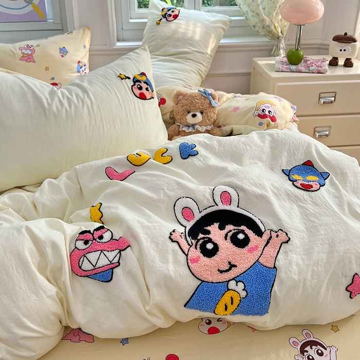 91家纺网 家纺一手货源 找家纺 优佳优品 2025新款水洗棉印花毛巾绣四件套【提供买家秀】 蜡笔小新