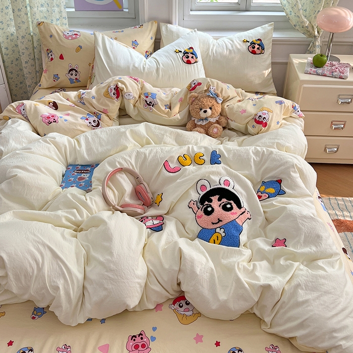 91家纺网 家纺一手货源 找家纺 优佳优品 2025新款水洗棉印花毛巾绣四件套【提供买家秀】 蜡笔小新