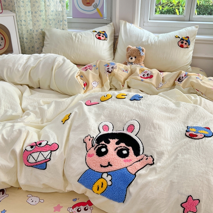 91家纺网 家纺一手货源 找家纺 优佳优品 2025新款水洗棉印花毛巾绣四件套【提供买家秀】 蜡笔小新