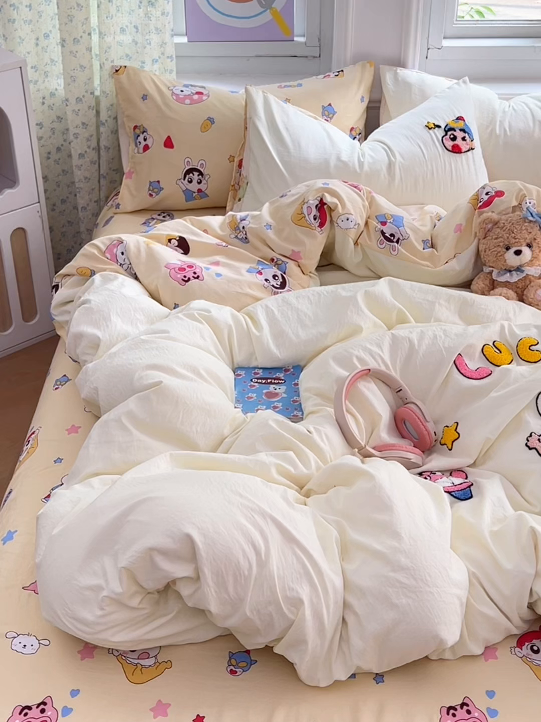 91家纺网 家纺一手货源 找家纺 优佳优品 2025新款水洗棉印花毛巾绣四件套【提供买家秀】 蜡笔小新