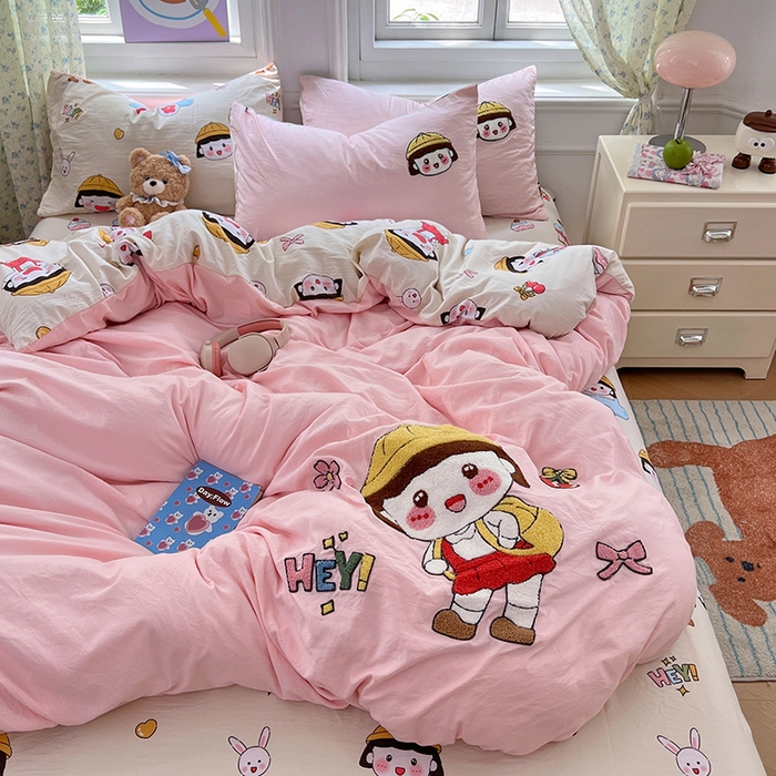 91家纺网 家纺一手货源 找家纺 优佳优品 2025新款水洗棉印花毛巾绣四件套【提供买家秀】 俏皮小丸子