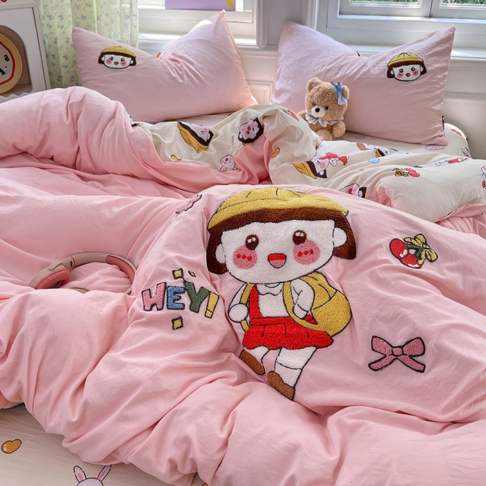 91家纺网 家纺一手货源 找家纺 优佳优品 2025新款水洗棉印花毛巾绣四件套【提供买家秀】 俏皮小丸子