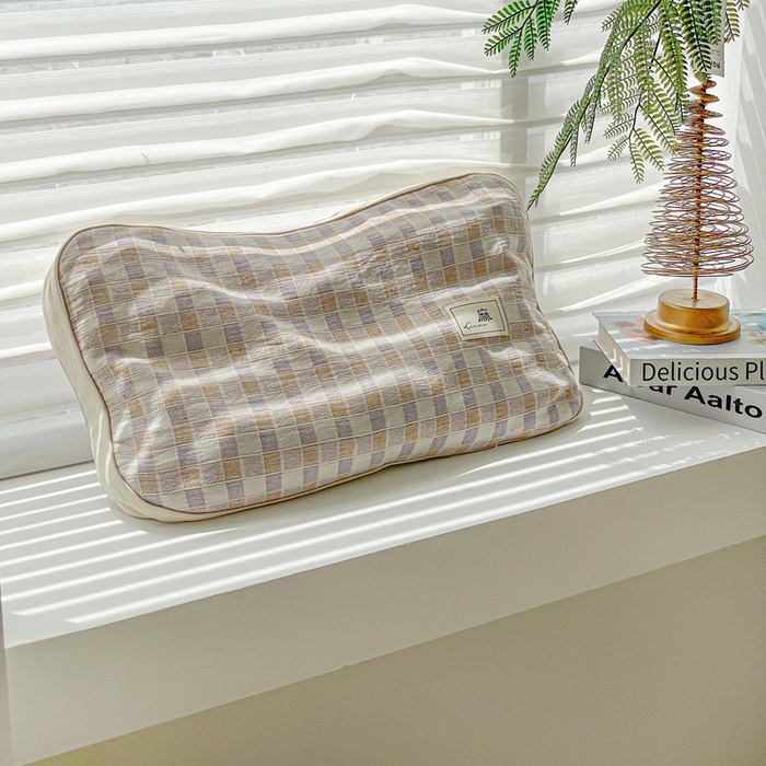 亦帆枕芯 2025新款亲肤舒适天然棉麻立体荞麦枕枕头枕芯 天然棉麻-紫色格子 35x55cm甜荞款/只