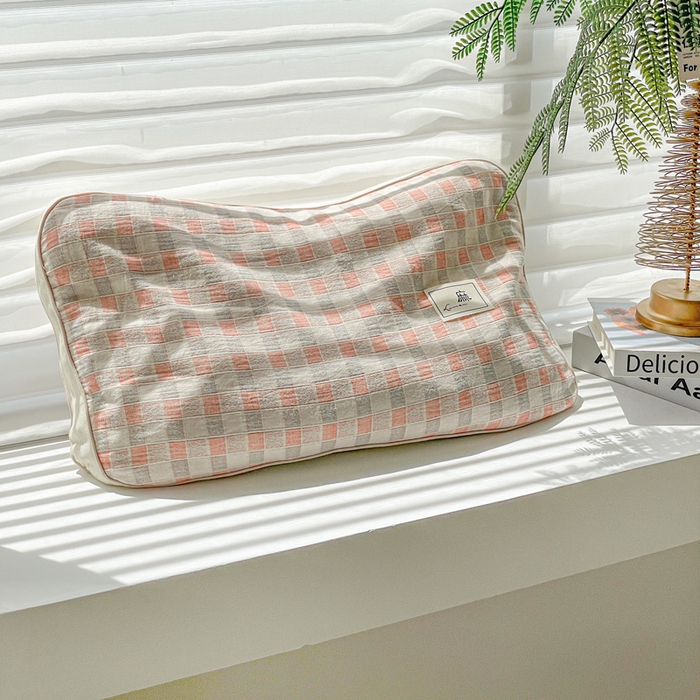 亦帆枕芯 2025新款亲肤舒适天然棉麻立体荞麦枕枕头枕芯 天然棉麻-粉色格子 35x55cm苦荞款/对