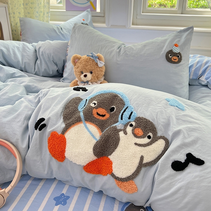 91家纺网 家纺一手货源 找家纺 优佳优品 2025新款水洗棉印花毛巾绣四件套【提供买家秀】 音乐企鹅