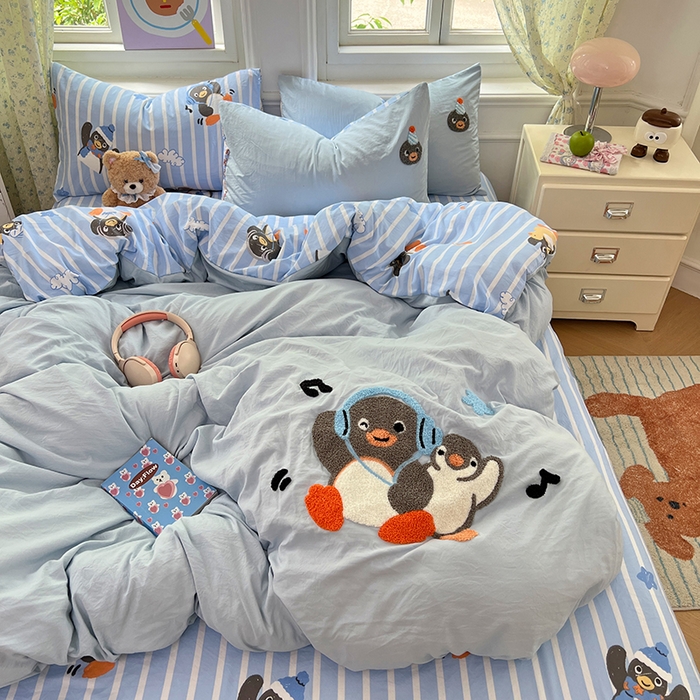 91家纺网 家纺一手货源 找家纺 优佳优品 2025新款水洗棉印花毛巾绣四件套【提供买家秀】 音乐企鹅