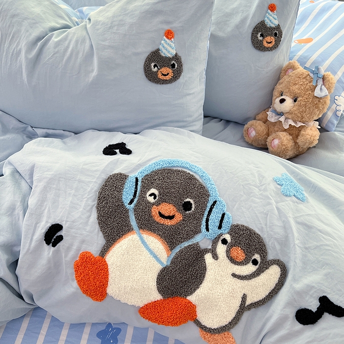 91家纺网 家纺一手货源 找家纺 优佳优品 2025新款水洗棉印花毛巾绣四件套【提供买家秀】 音乐企鹅