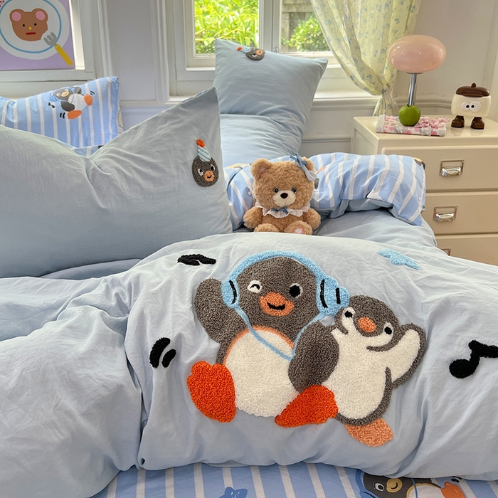 91家纺网 家纺一手货源 找家纺 优佳优品 2025新款水洗棉印花毛巾绣四件套【提供买家秀】 音乐企鹅