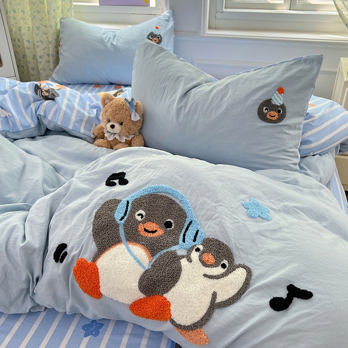 91家纺网 家纺一手货源 找家纺 优佳优品 2025新款水洗棉印花毛巾绣四件套【提供买家秀】 音乐企鹅