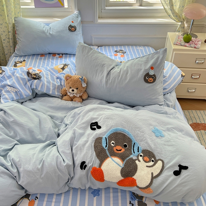 91家纺网 家纺一手货源 找家纺 优佳优品 2025新款水洗棉印花毛巾绣四件套【提供买家秀】 音乐企鹅