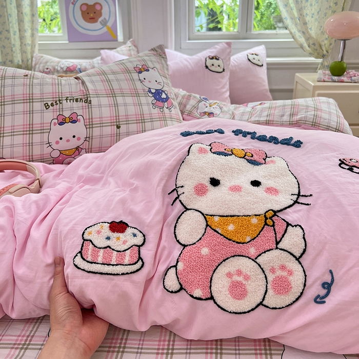 91家纺网 家纺一手货源 找家纺 优佳优品 2025新款水洗棉印花毛巾绣四件套【提供买家秀】 KT猫