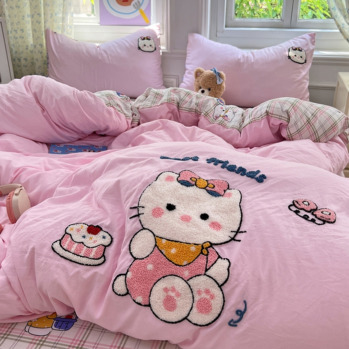 91家纺网 家纺一手货源 找家纺 优佳优品 2025新款水洗棉印花毛巾绣四件套【提供买家秀】 KT猫