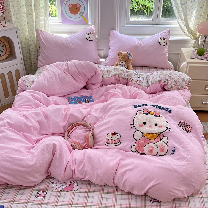 91家纺网 家纺一手货源 找家纺 优佳优品 2025新款水洗棉印花毛巾绣四件套【提供买家秀】 KT猫