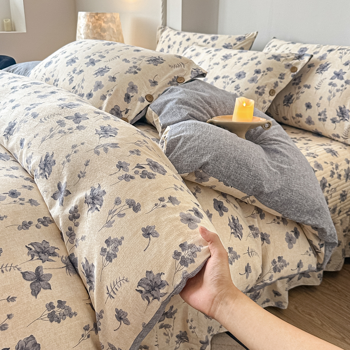 富米莱（原臻工厂） 2025秋冬新品加厚高克重原麻复古风亚麻高端纽扣款床盖床单四件套 纽扣款-祥云